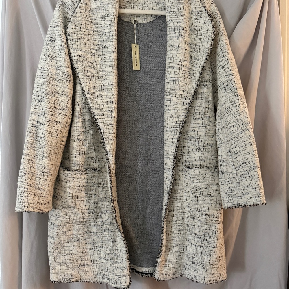 Max Studio Textured Open Front Cape - Cream and Black